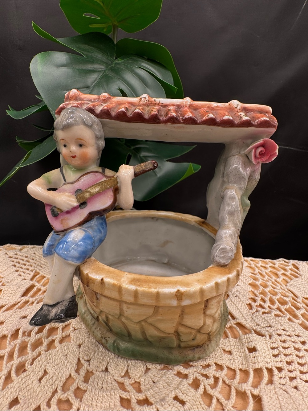 Vintage UCAGCO Japan Ceramic Wishing Well & Boy With Violin Figurine